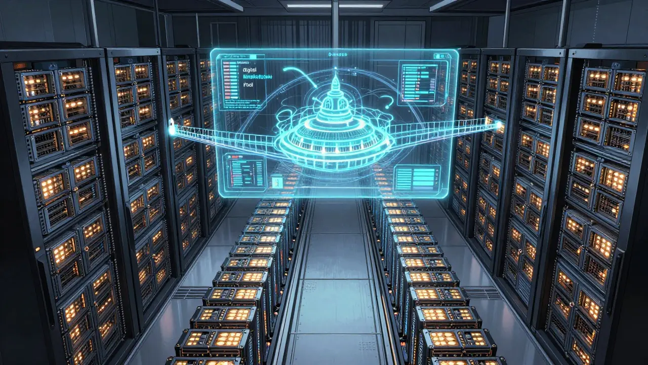 Manga illustration of crypto mining rigs connected to a state digital pool.