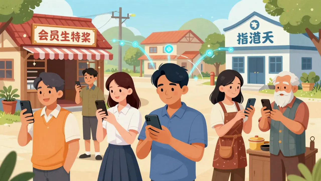 Manga illustration of Filipinos in a rural town using digital finance integrated with local shops.