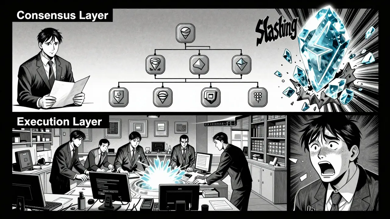 Manga illustration of the consensus and execution layers with a shattered ETH stake.