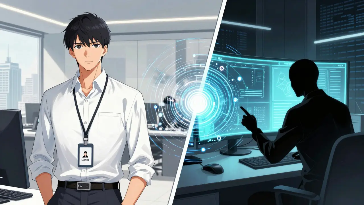 Manga illustration showing a fake IT worker and a hidden handler in a split-screen.