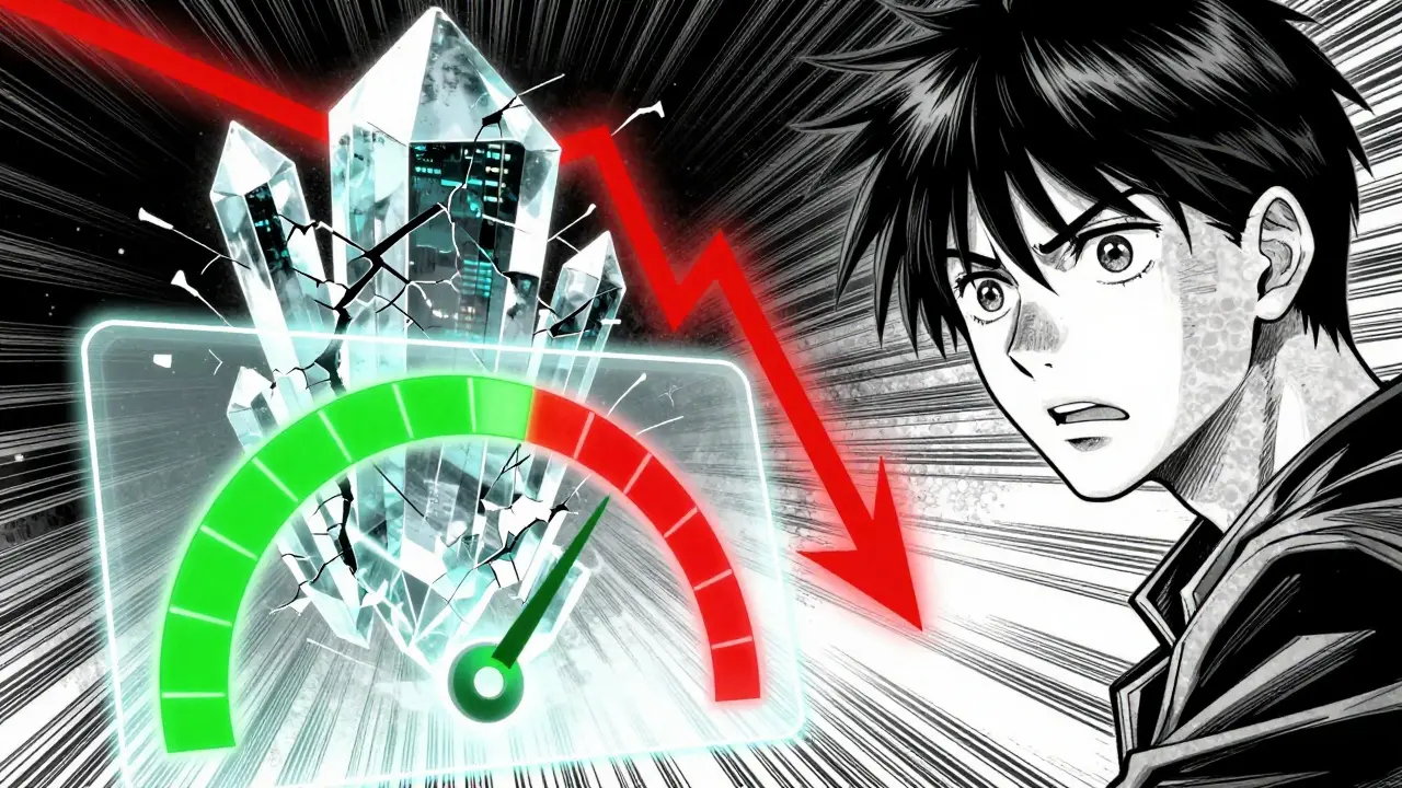 Manga scene of a character facing a red danger gauge as a digital crystal begins to crack.