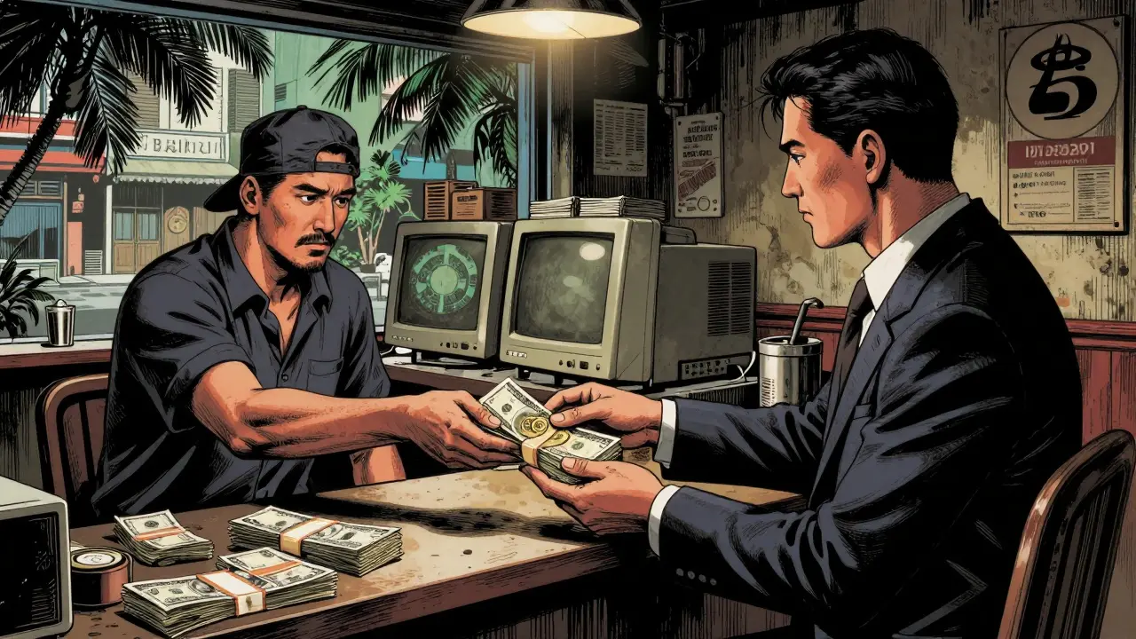 Manga scene of a secret cryptocurrency for cash exchange inside a dim cafe in Cambodia.