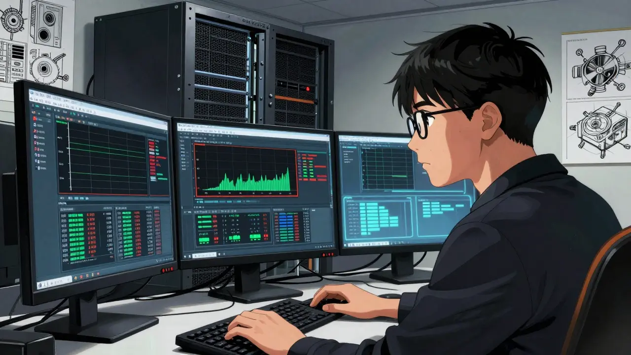 Manga scene of a technician monitoring blockchain server logs in a high-tech command center