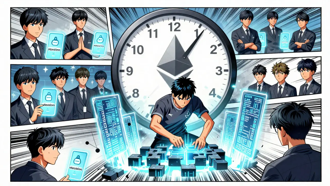 Manga scene of a validator proposing a block within a 12-second window.