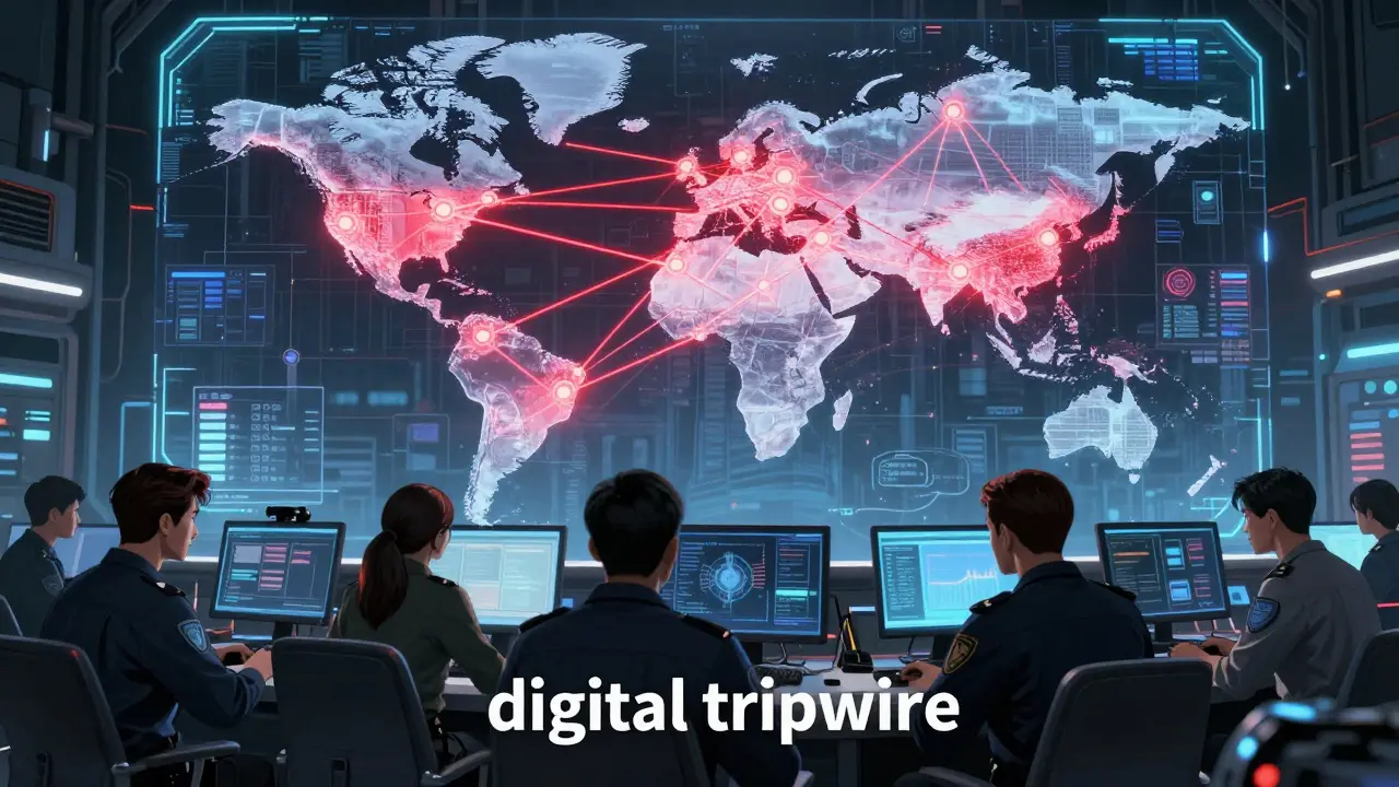 Manga scene of an intelligence center monitoring a global blockchain tripwire.