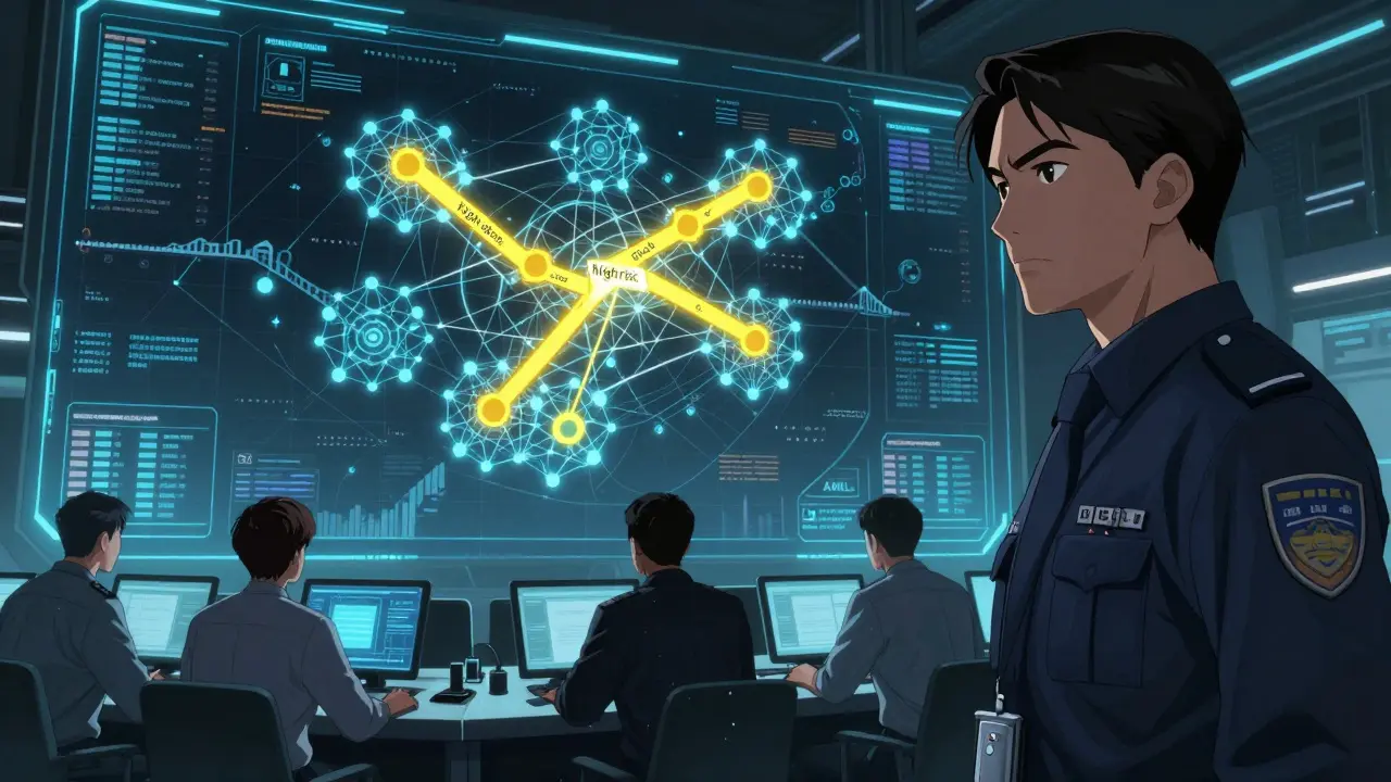 Manga scene of compliance officers analyzing a high-risk cross-chain transaction graph in a command center.