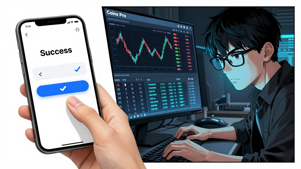 Manga split-screen showing a casual user paying bills and a professional trader analyzing charts.