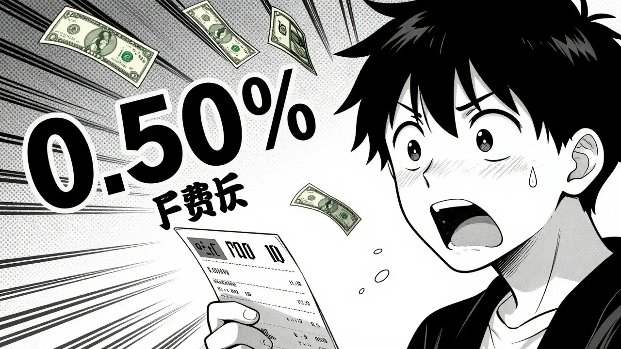 Manga style character reacting with shock to high cryptocurrency trading fees.