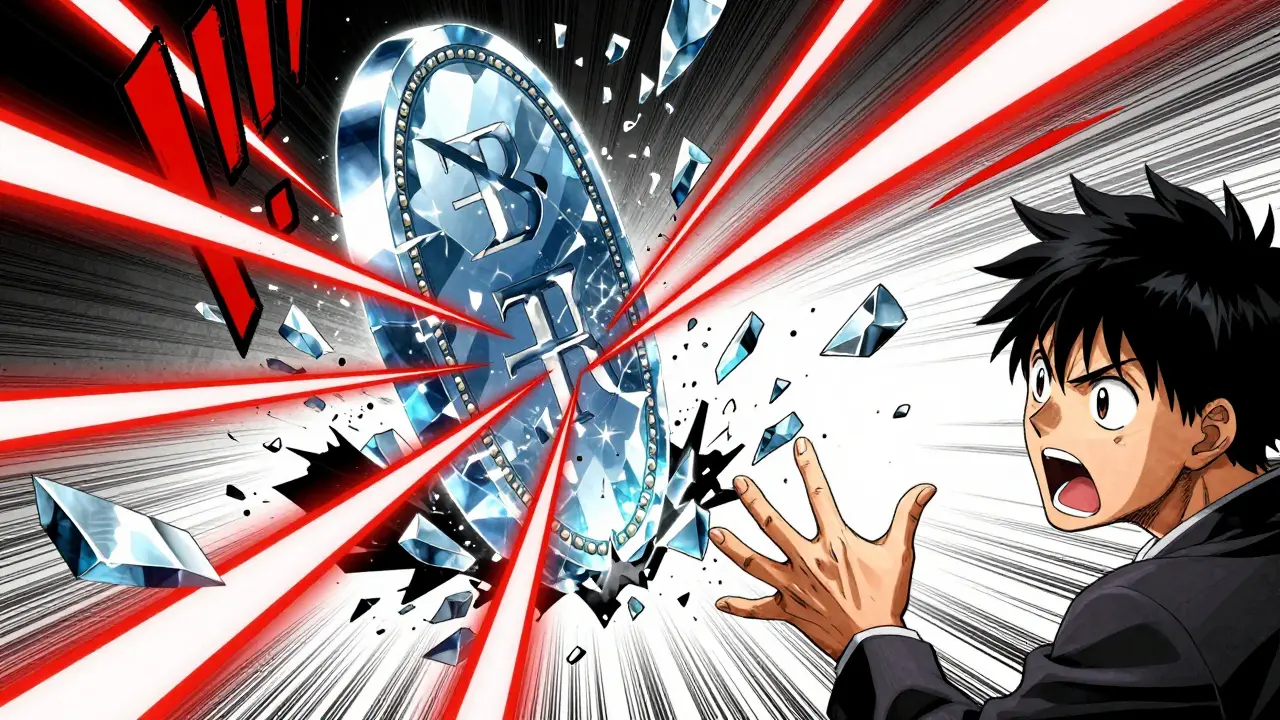 Manga style depiction of a digital crystal shattering under multiple red energy strikes