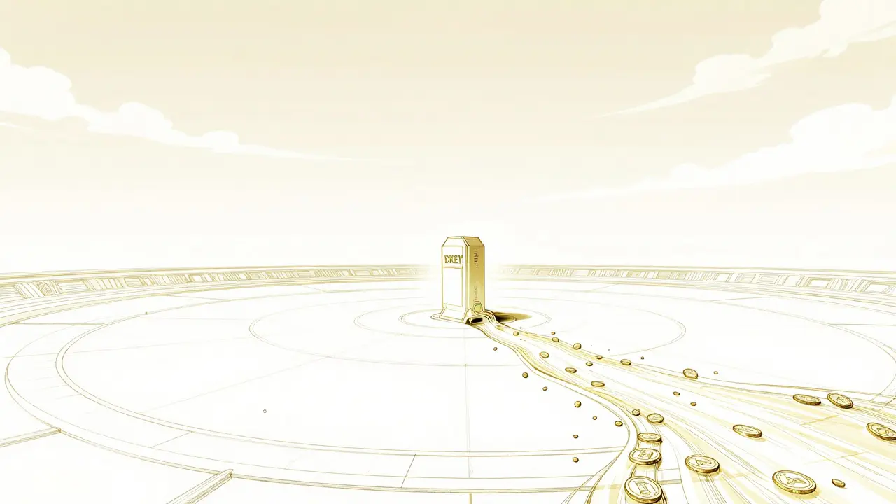 Manga style depiction of an empty digital plaza with a lonely terminal and a river of infinite tokens.