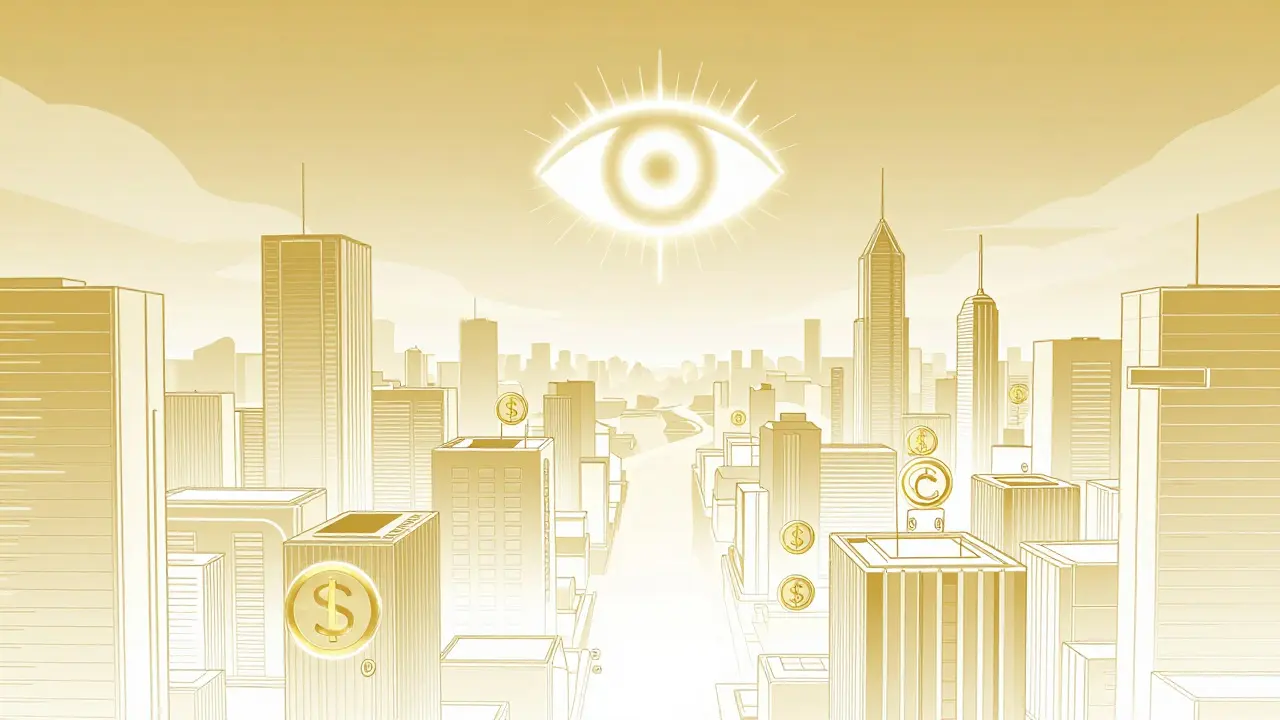 Manga style futuristic city representing the total transparency of Central Bank Digital Currencies.