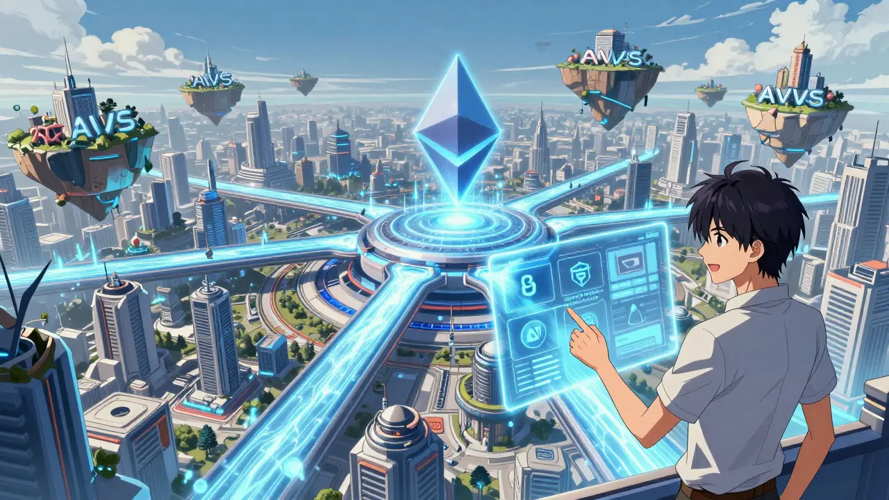 Manga style futuristic city with glowing energy conduits connecting a hub to floating islands