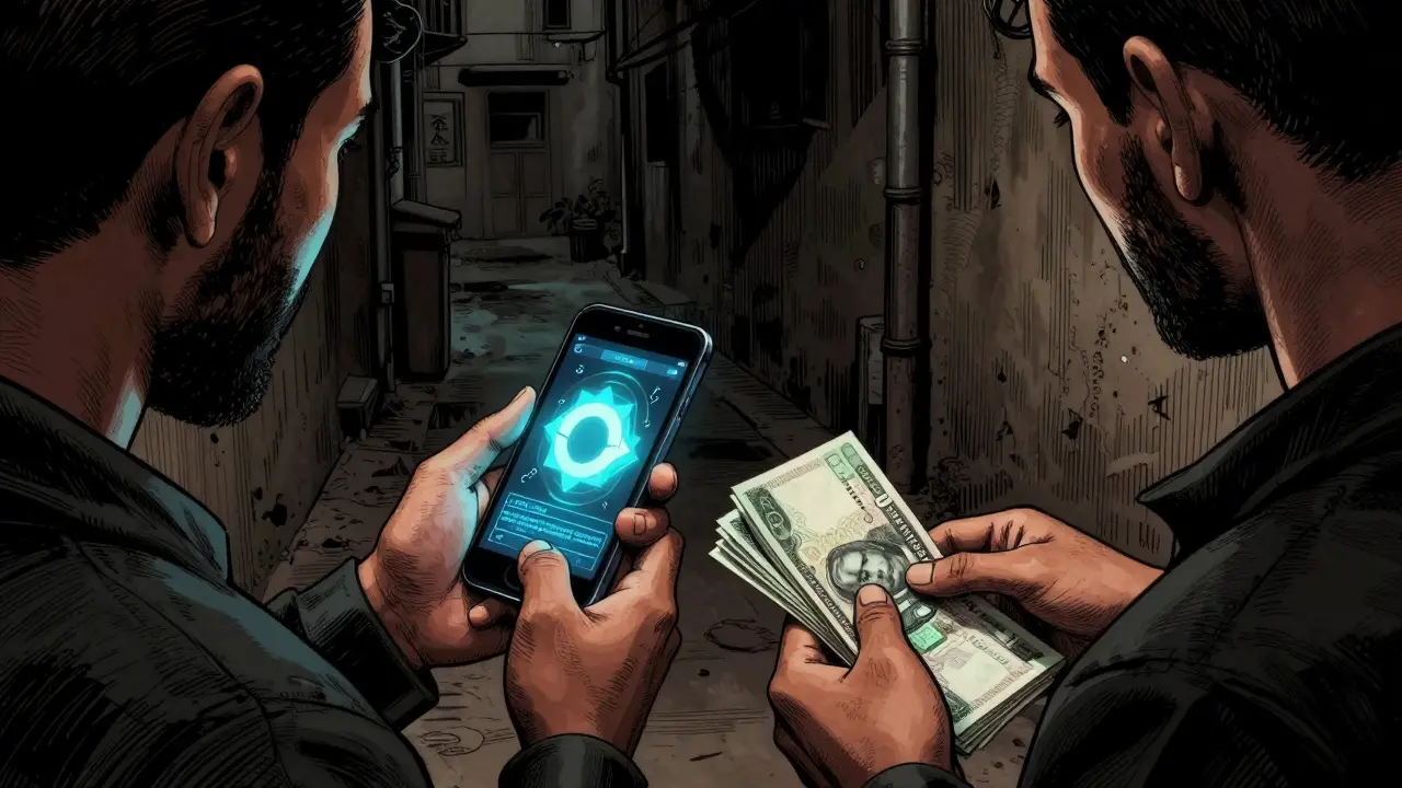 Manga style secret P2P crypto trade in a dark alley with cash and a smartphone.