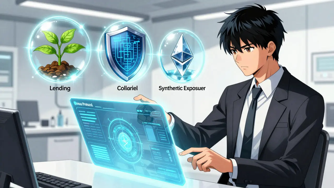Manga style trader using a holographic Venus Protocol dashboard with three functional orbs.