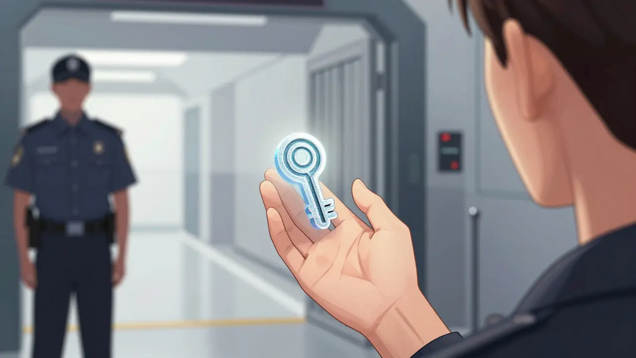 Person using a cryptographic glyph for identity verification at a high-tech gate in manga style