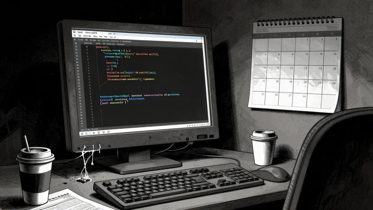 Abandoned developer desk with frozen code on screen