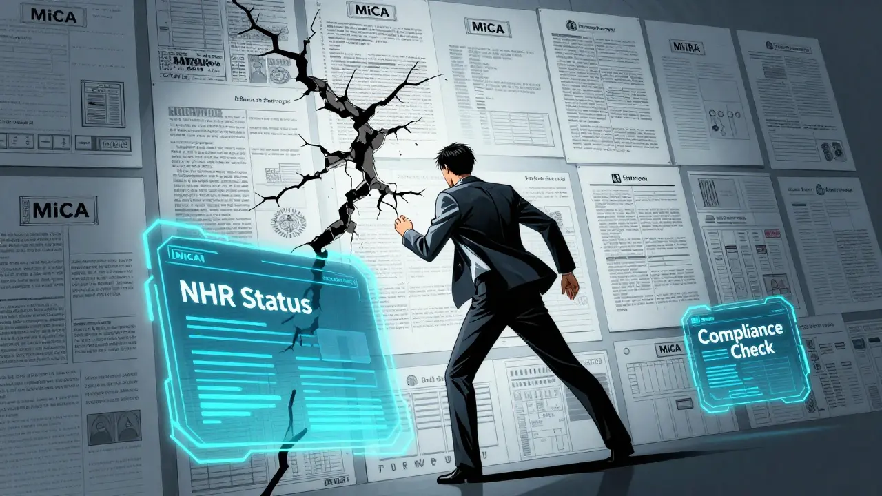 Anime businessman facing a wall of regulations with digital compliance tools nearby.