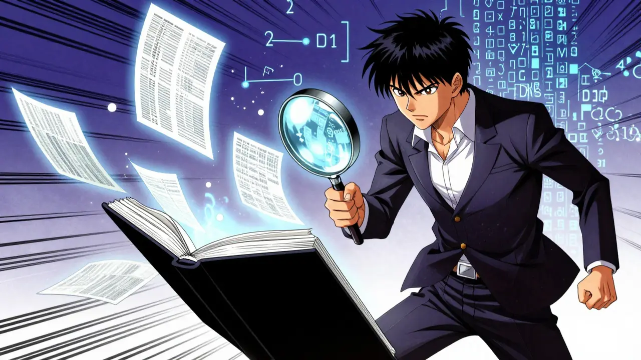 Anime character verifying data availability sampling with a glowing magnifying glass.