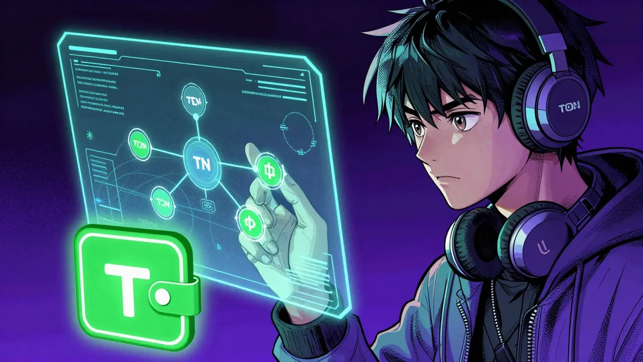Anime character viewing TON blockchain tech on holographic display
