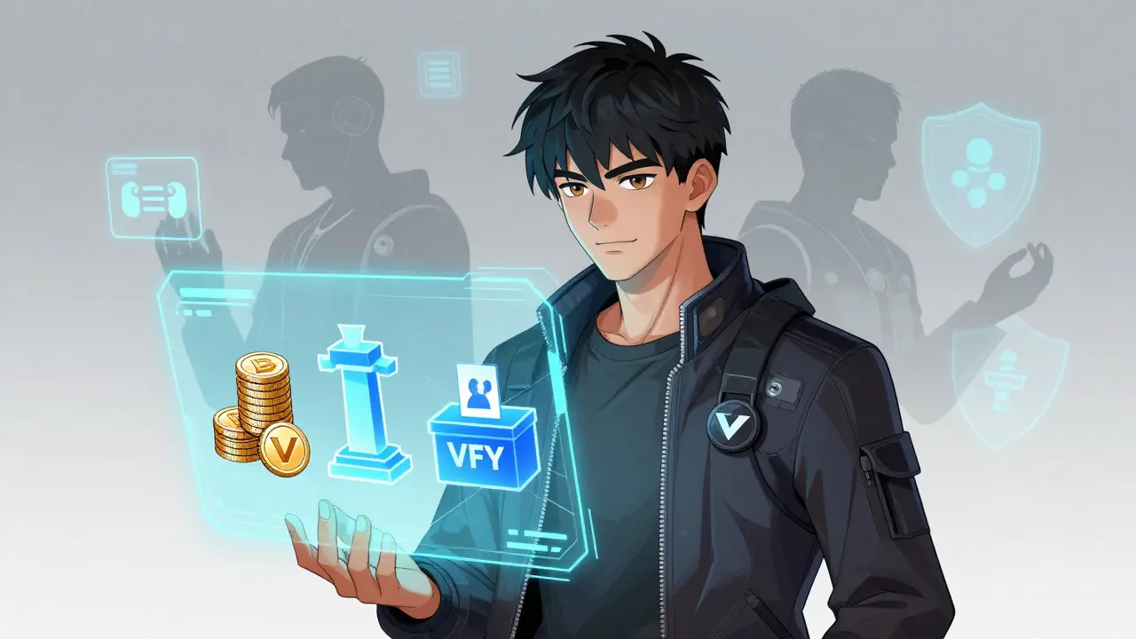 Anime developer standing before a hologram displaying token utility and staking options.