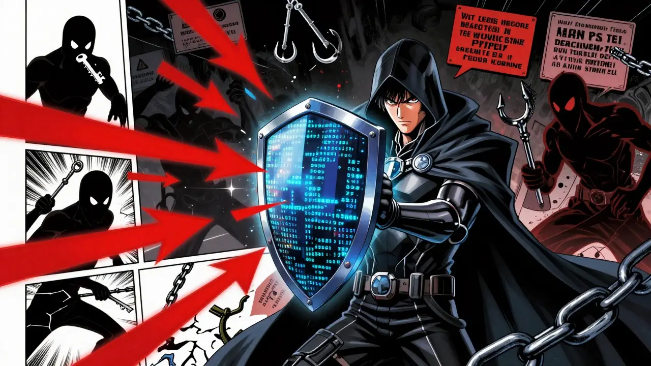 Anime hero defending against crypto scams and phishing attacks with a shield
