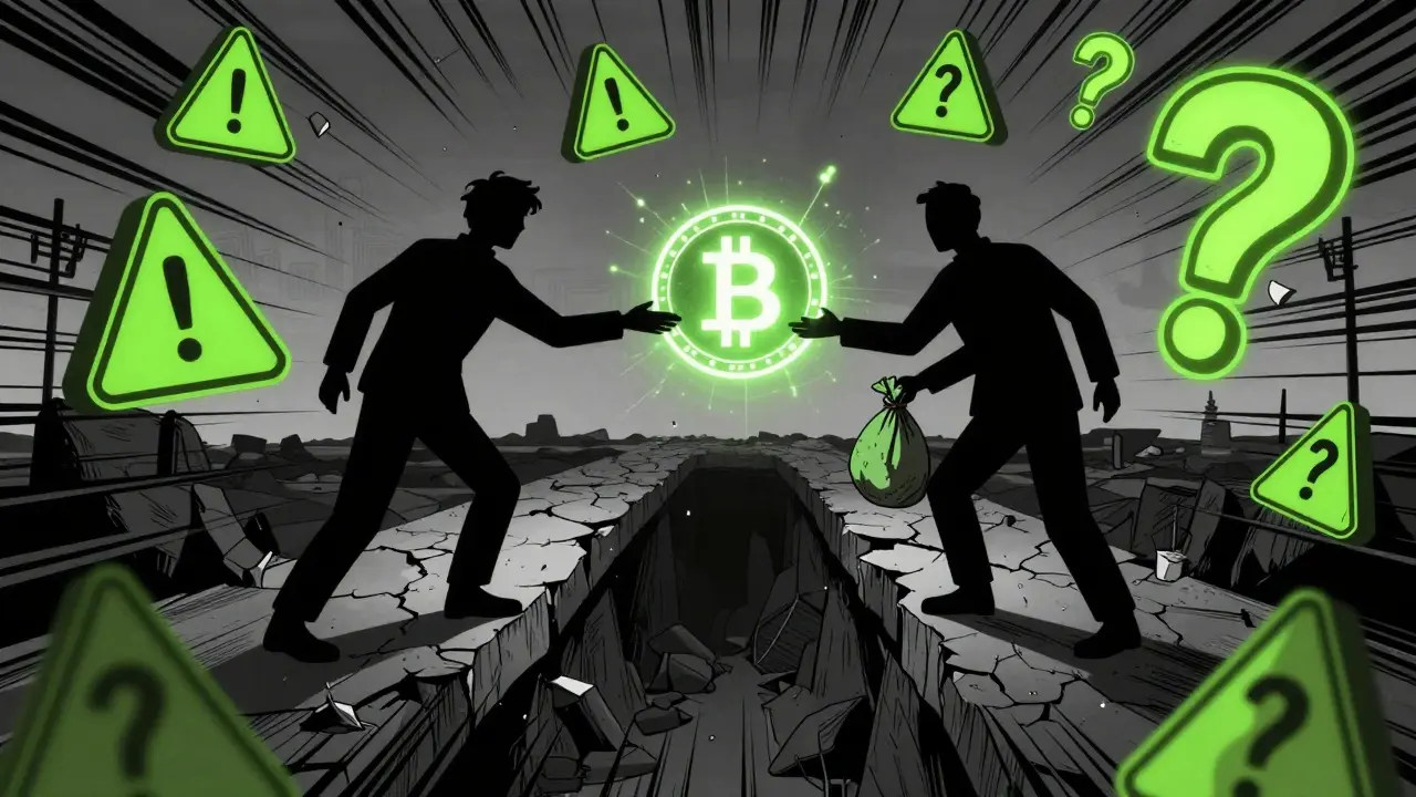 Anime style depiction of risky peer-to-peer crypto exchange between strangers.