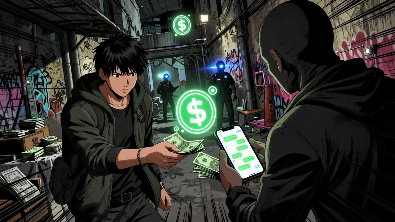 Anonymous traders exchanging cash for crypto in a shady underground alleyway