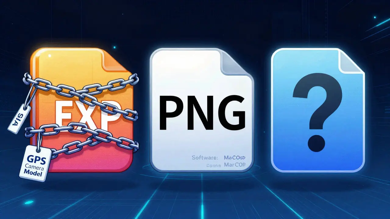 Anthropomorphic JPEG, PNG, and WebP icons revealing their hidden metadata secrets.