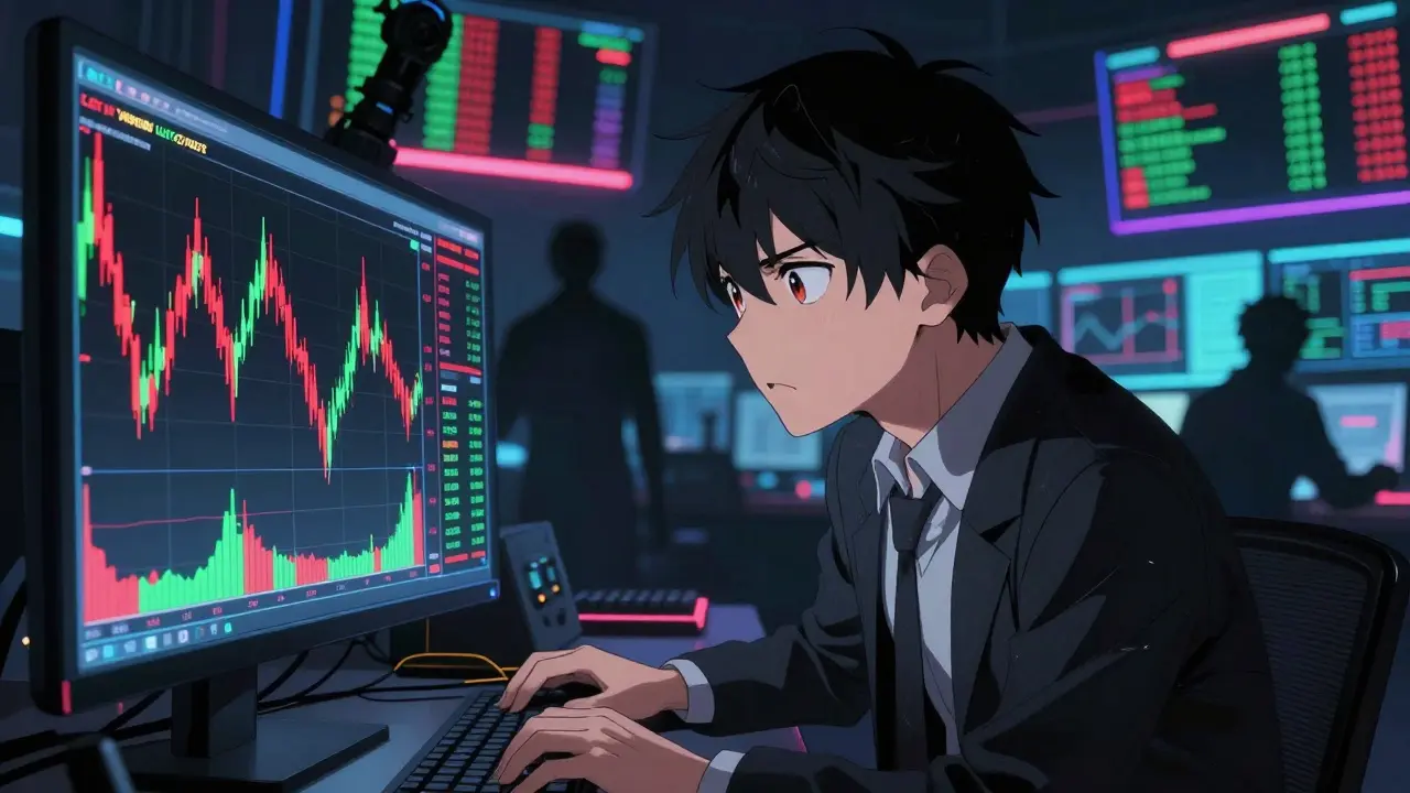 Anxious investor viewing volatile crypto charts in manga art