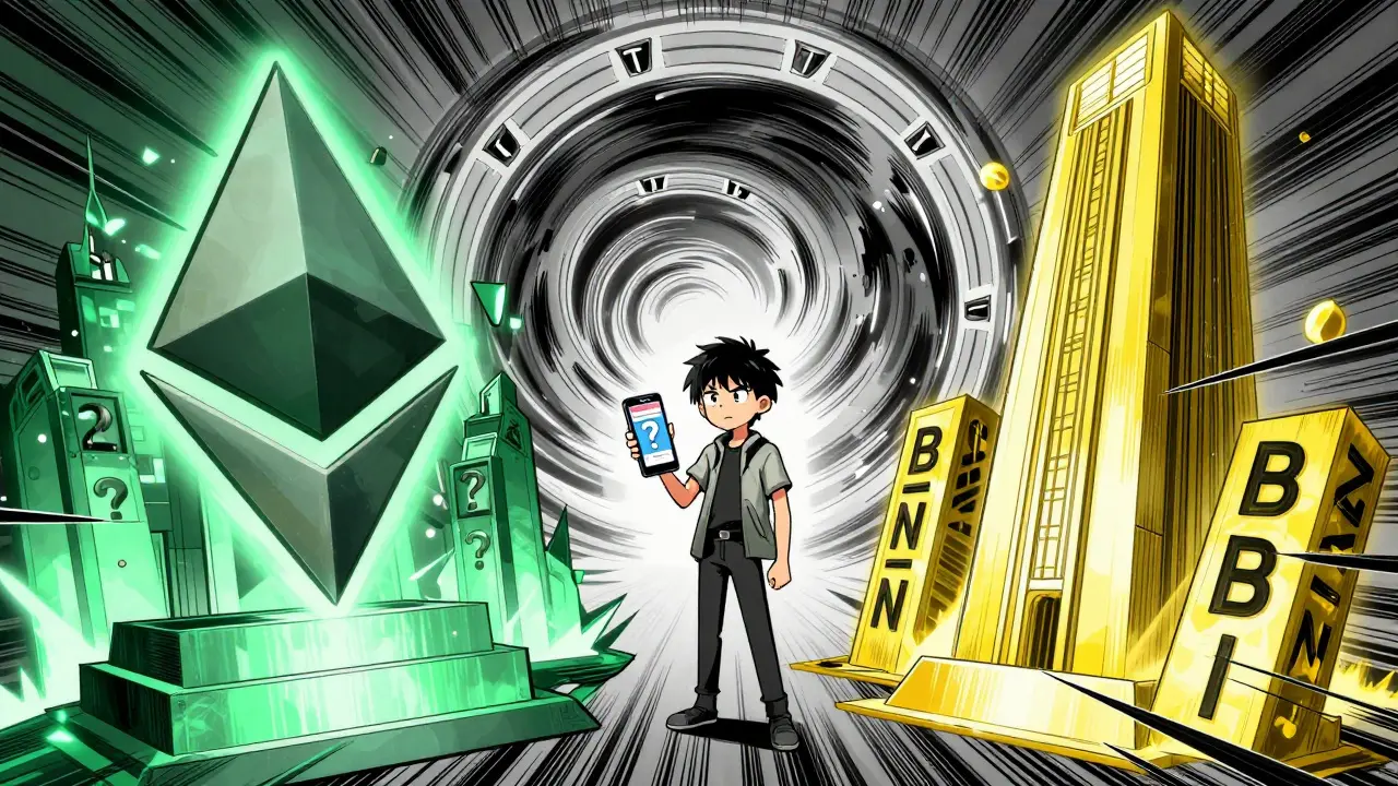 Confused anime character amidst conflicting blockchain logos