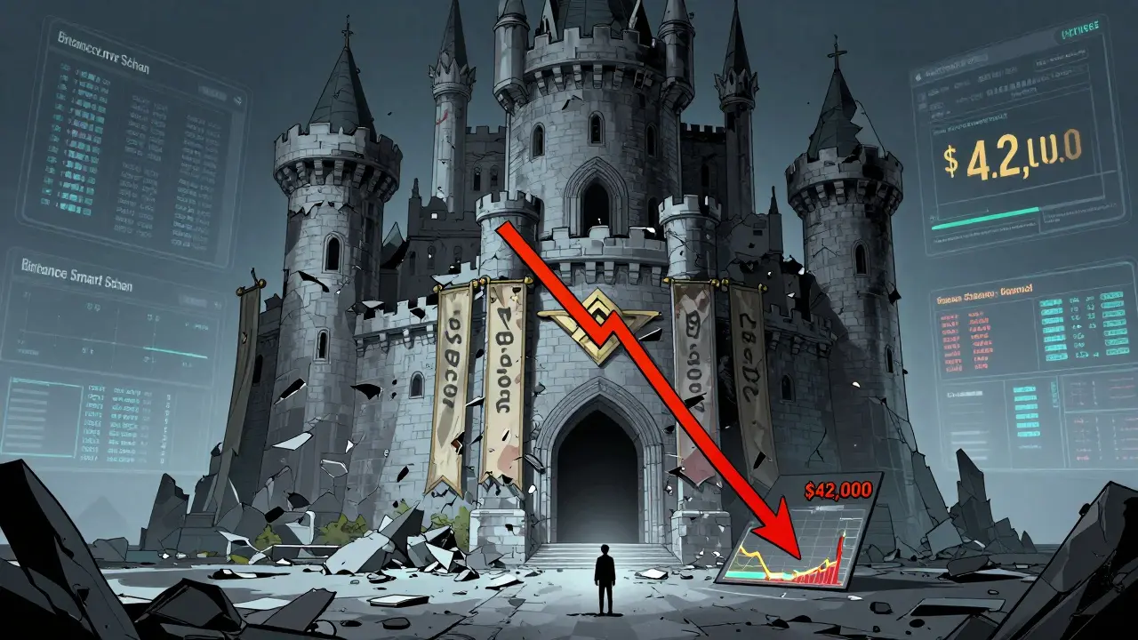 Decaying digital castle representing the failing FOC crypto project value.