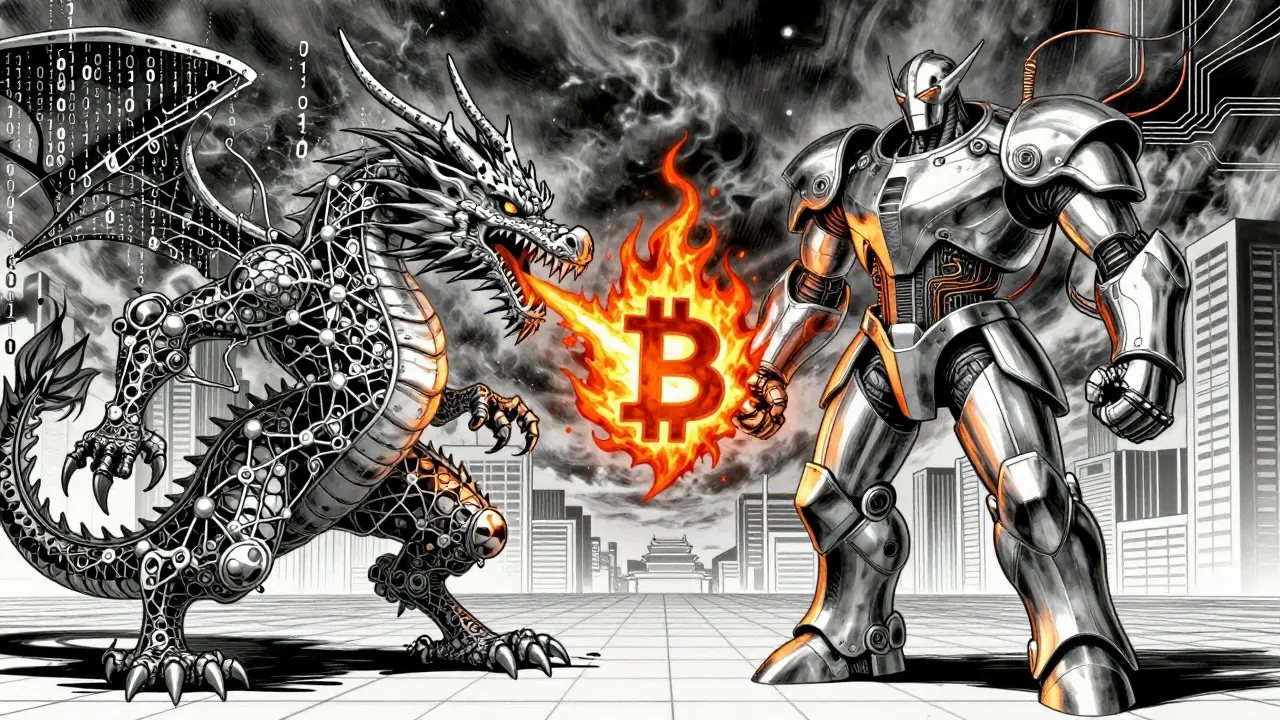 Dragon of code vs robotic giant representing Bitcoin versus Digital Yuan