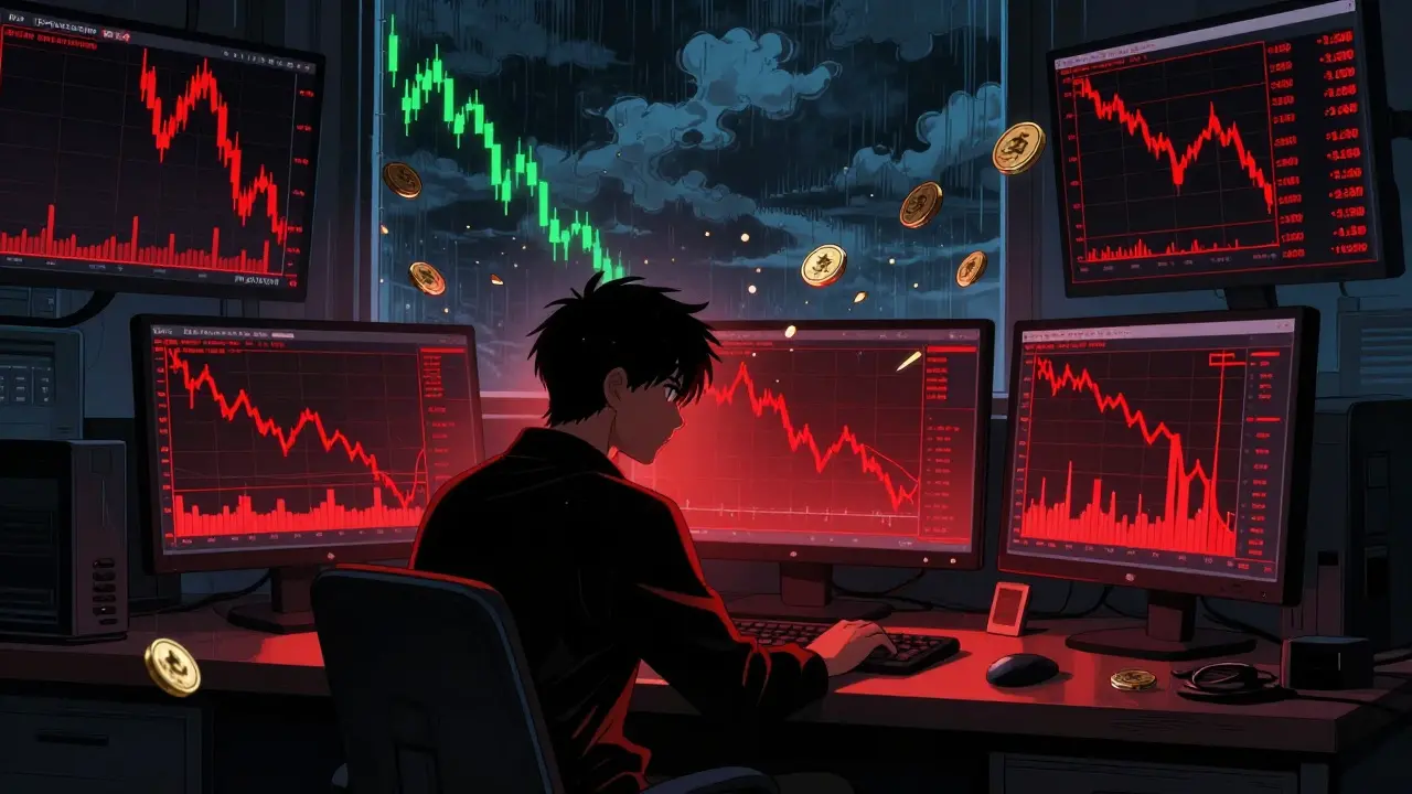 Dramatic manga image of a trader analyzing volatile crypto charts in a stormy room.