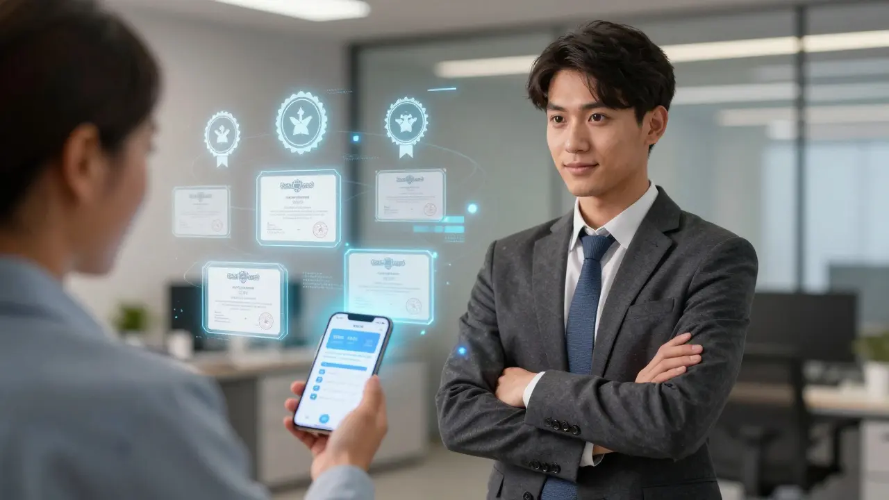 Futuristic HR scene with floating holographic job certificates