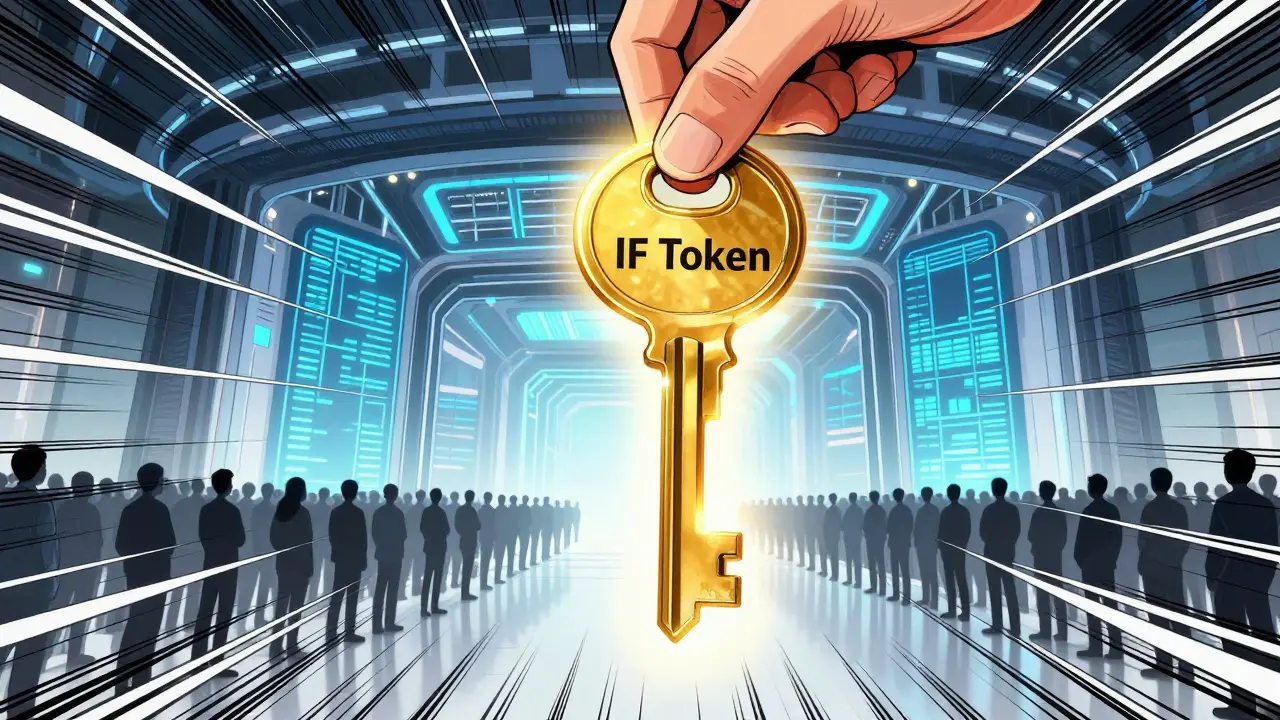 Glowing IF token key unlocking a futuristic digital launchpad gate