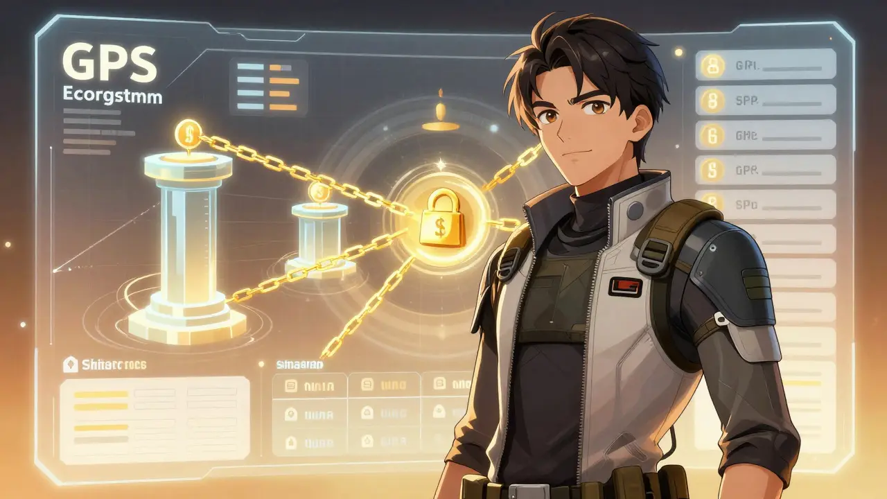 Guardian character analyzing GPS token ecosystem on a hologram