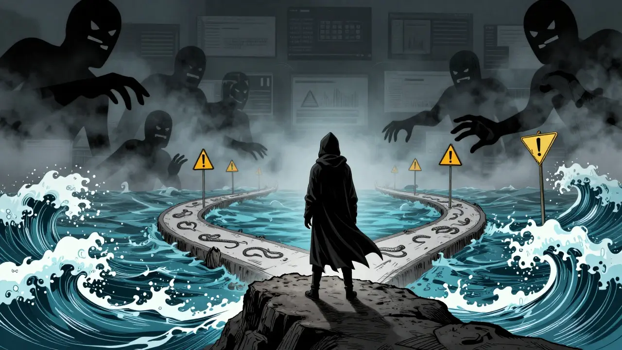 Hooded figure at crossroads facing digital dangers in manga