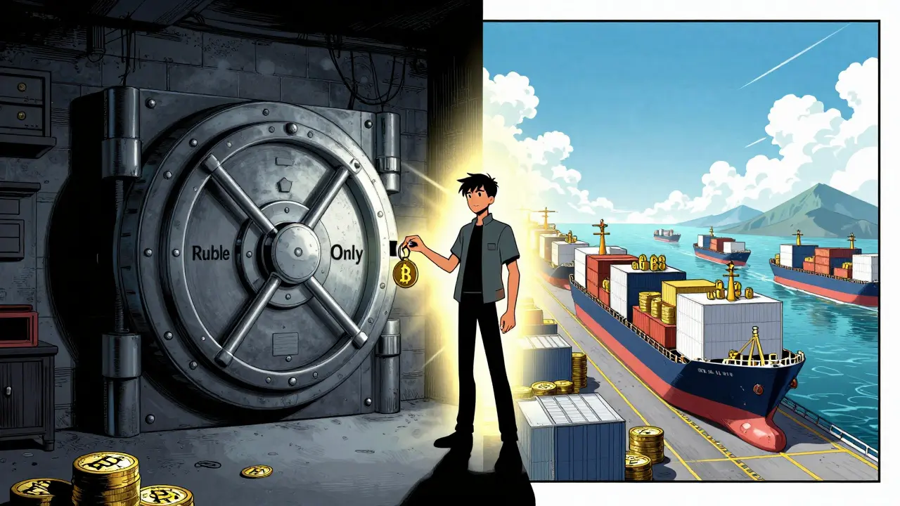Manga art contrasting banned domestic crypto use with allowed international trade routes.