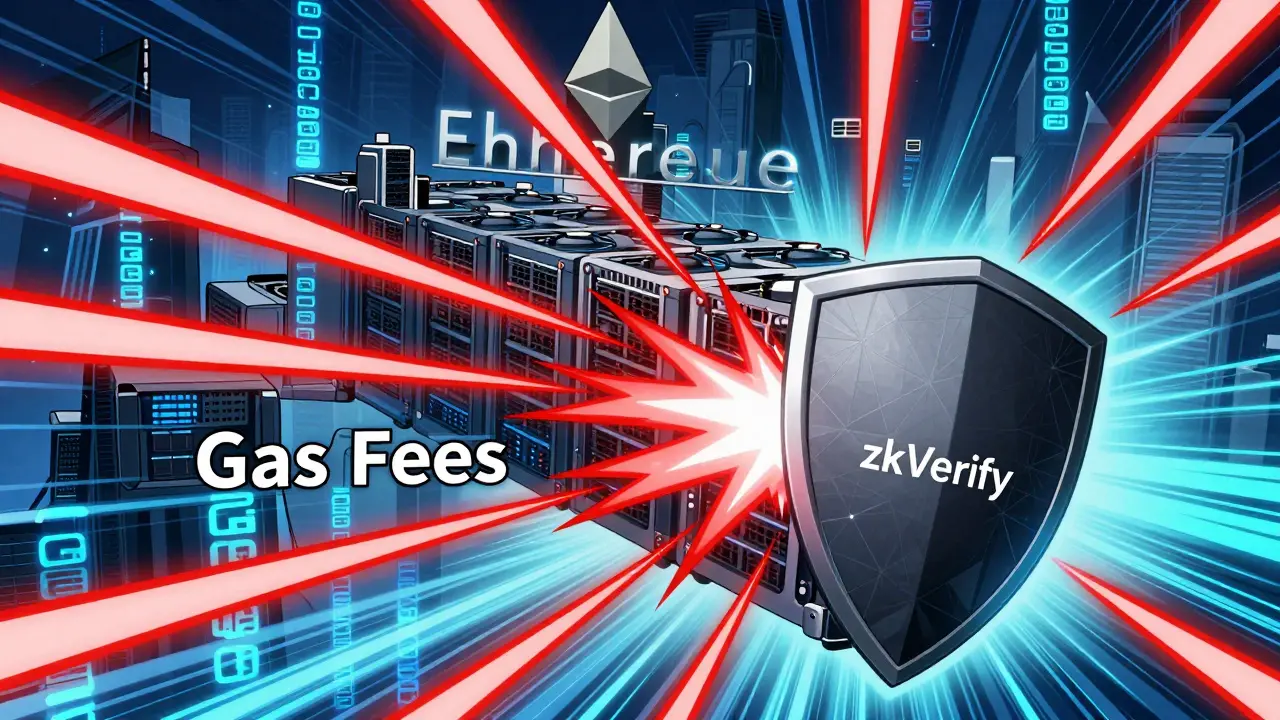 Manga art of a blockchain node blocking expensive gas fees with a shield of light.
