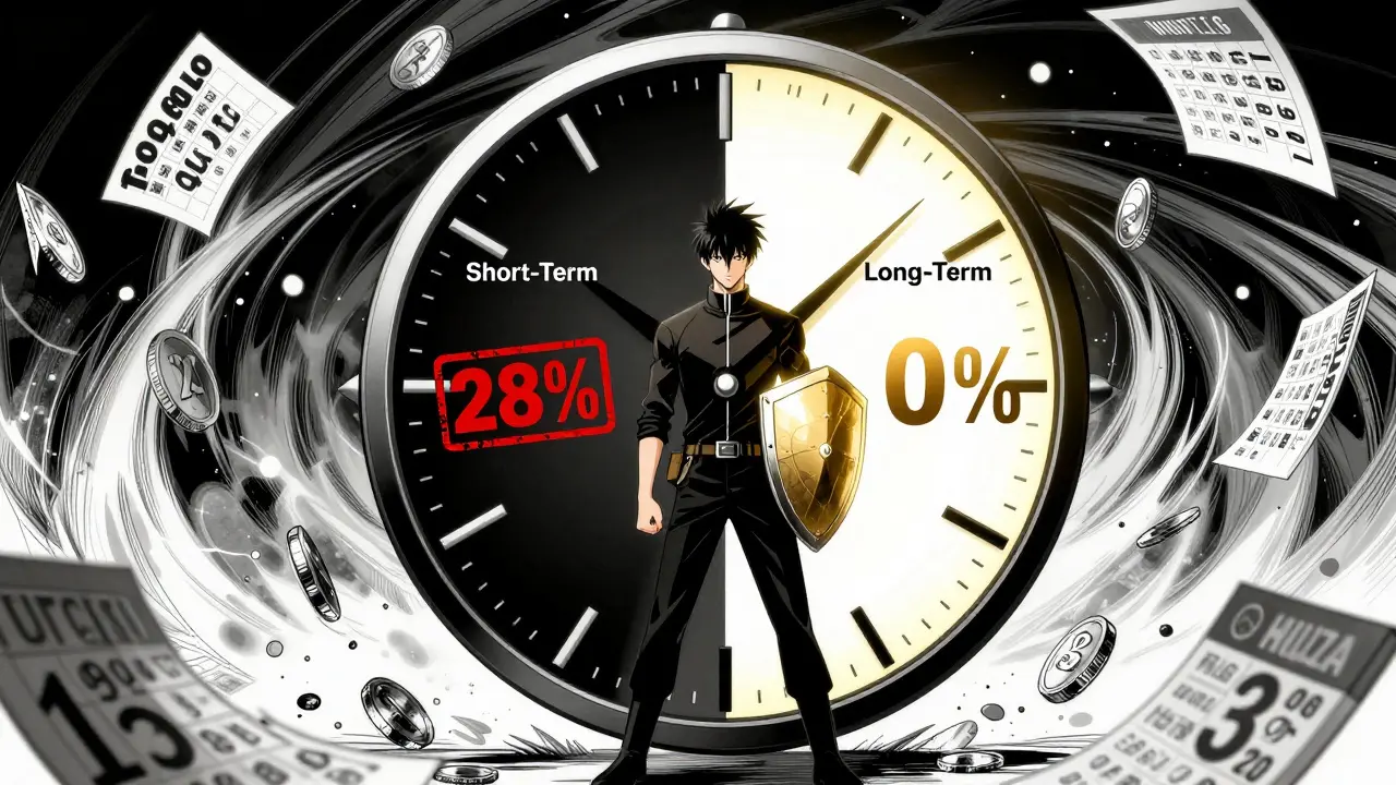 Manga art showing a clock splitting tax rates into short-term and long-term categories.