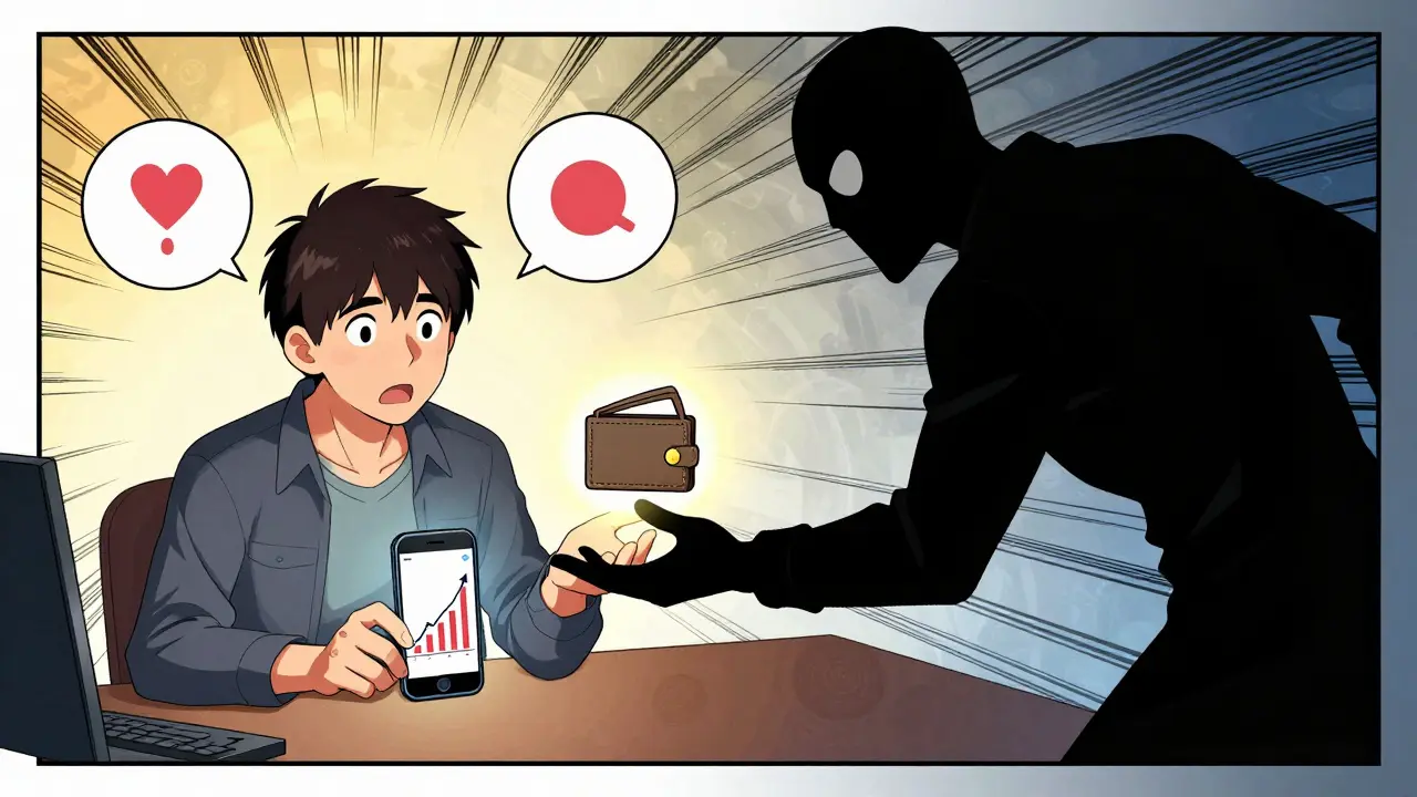 Manga art showing a victim being deceived by a scammer via phone, illustrating the pig-butchering fraud tactic.
