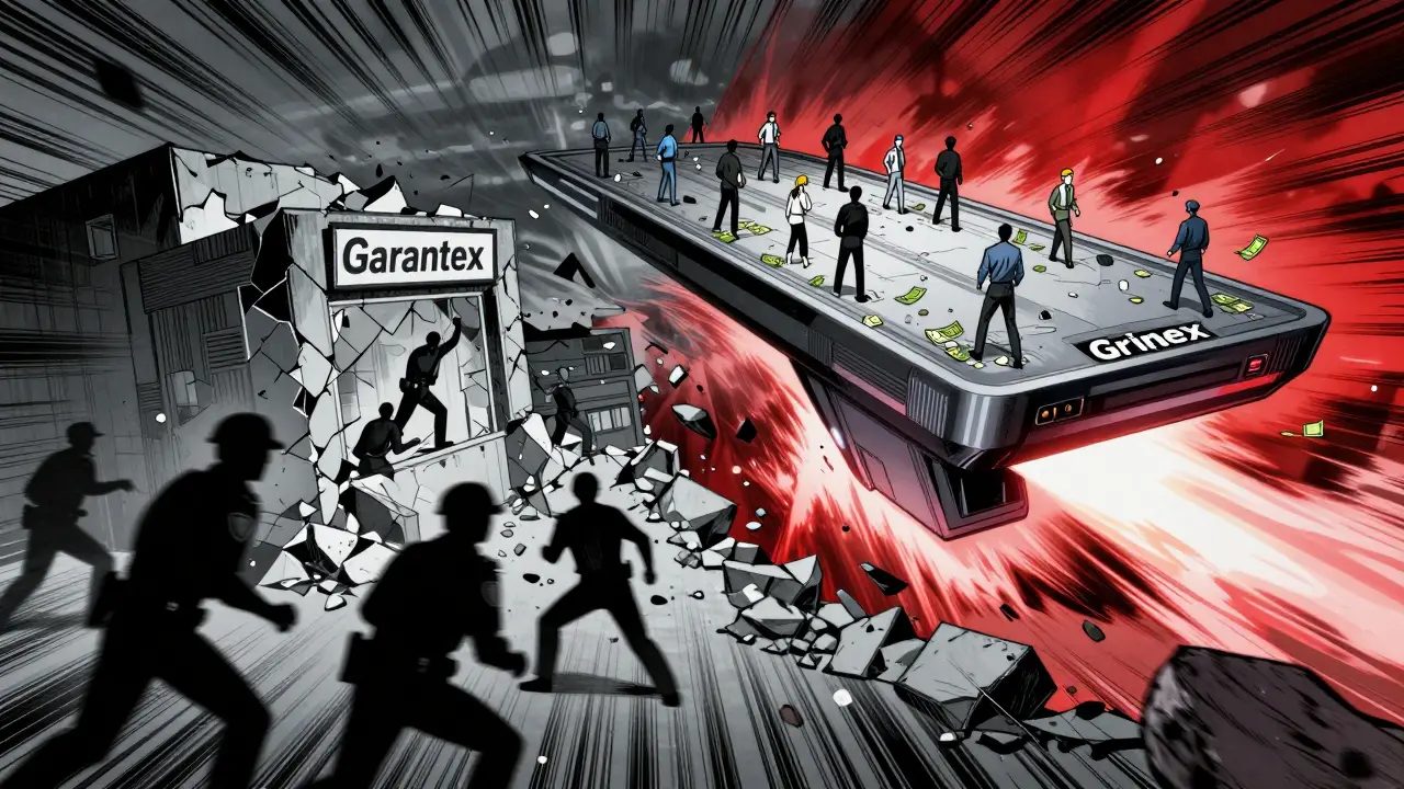 Manga art showing Garantex falling and Grinex rising as a seamless replacement exchange.