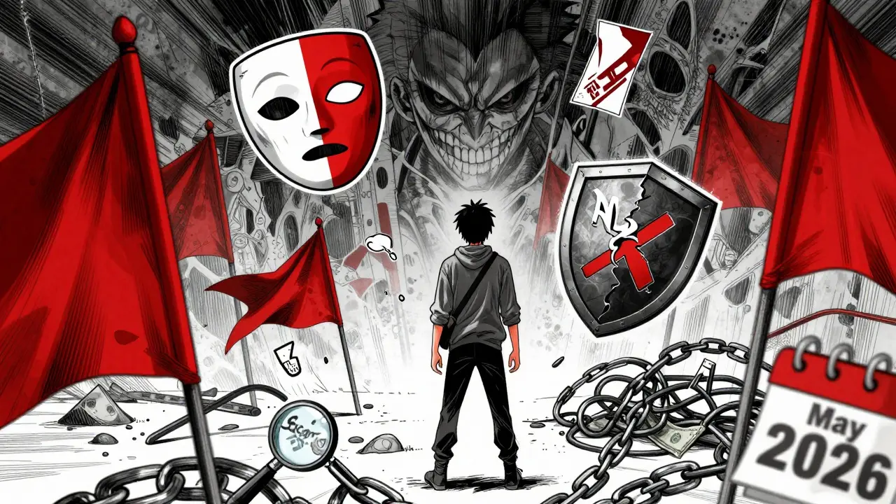 Manga art showing red flags like anonymous teams and lack of regulation surrounding a confused user.