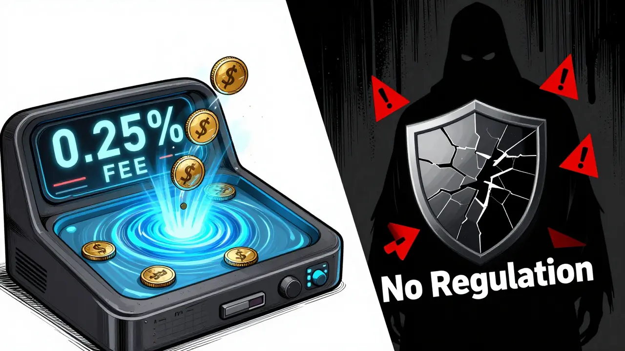 Manga art showing split view of trading fees and regulatory risks