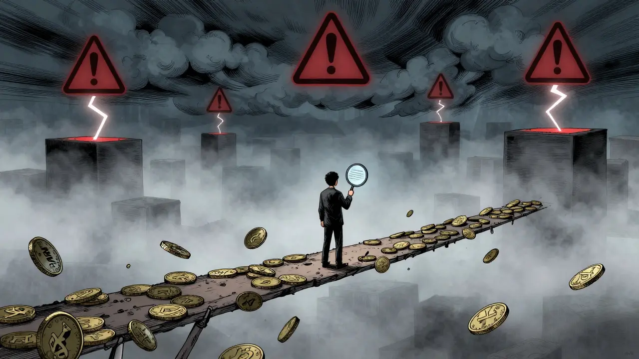 Manga figure on precarious coin bridge symbolizing crypto risk