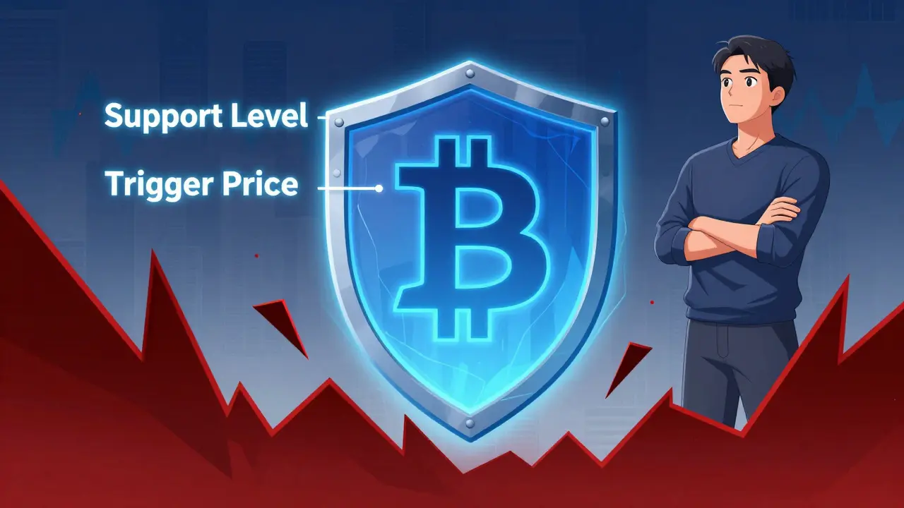 Manga illustration of a stop-loss shield protecting Bitcoin from market drops