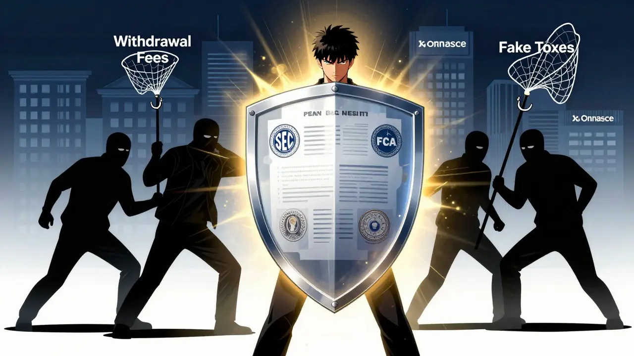 Manga illustration of a user protected by a shield of regulation against scammer tactics.