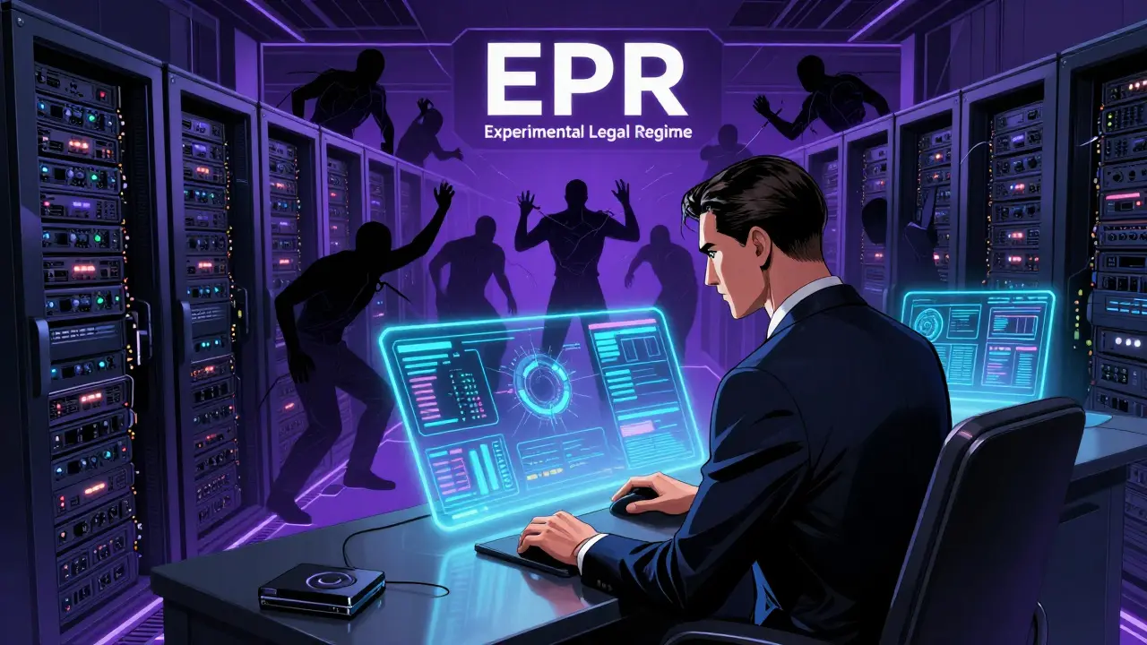 Manga illustration of a wealthy investor navigating complex EPR compliance systems in a server room.