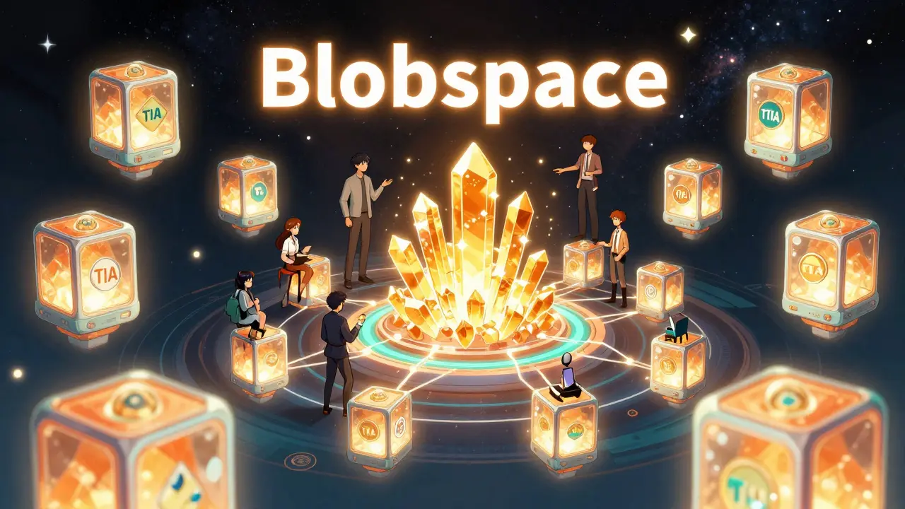 Manga illustration of developers uploading blobs to Celestia network secured by TIA.