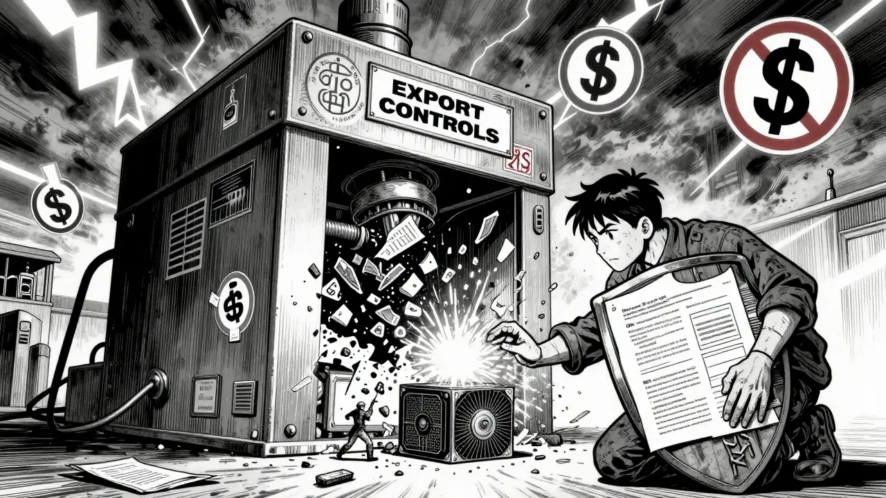 Manga illustration of mining hardware being crushed by bureaucratic regulations.